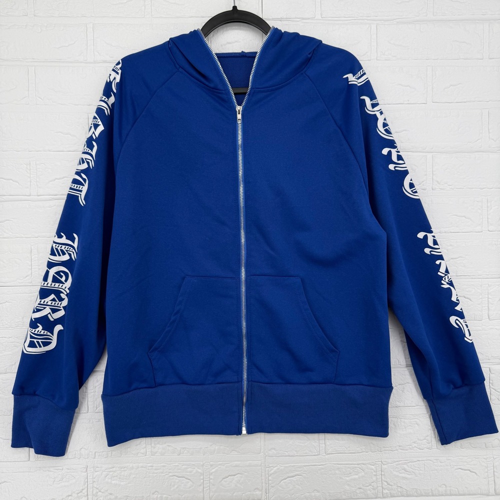 Y2K Royal Blue Full Zip Hoodie Medium Gothic Old English Print Sleeve Detail